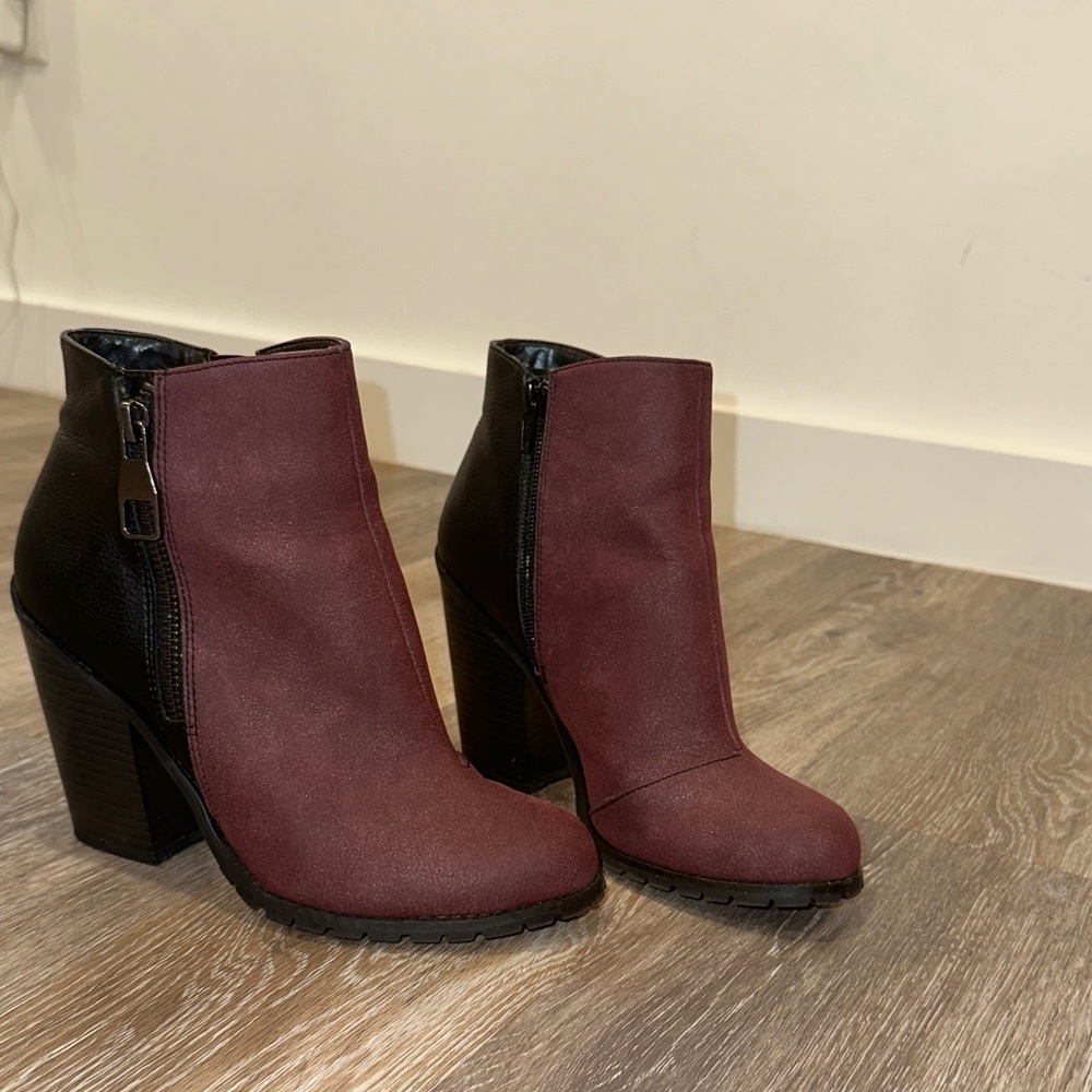 Call It Spring Burgundy and Black Block Heel Ankle Booties